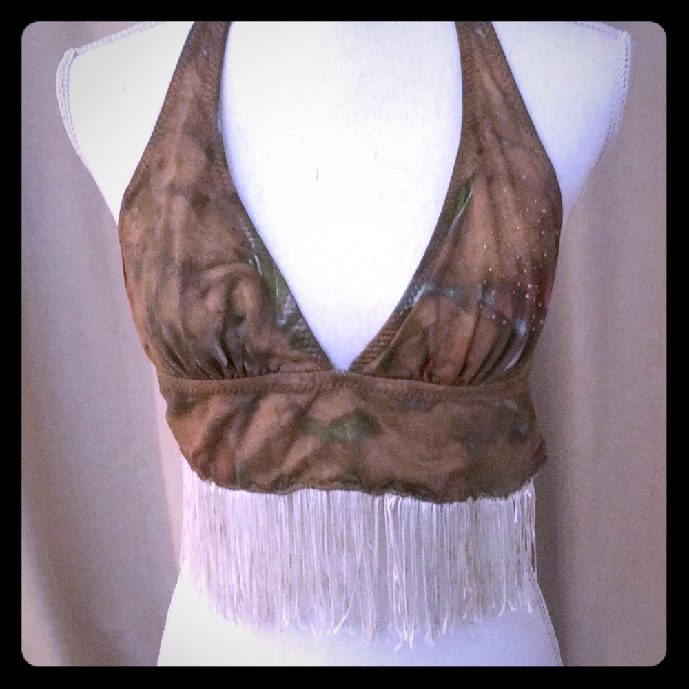 Lexa Vonn Vintage gold studded fringe halter top